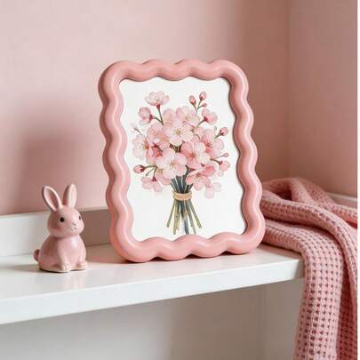 1pc Vintage Wavy Edge Photo Frame, Adorable Floral Decor Picture Frame, Aesthetic Desktop Decor Suitable For Home Bedroom Living Room Office, Retro Style Photo Display Holder, Creative Gift For Friends, Available In Pink/Yellow/Green