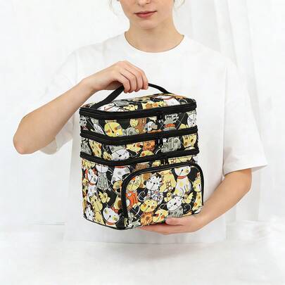 1 pieza Bolsa de maquillaje minimalista de moda con cierre de cremallera, de gran capacidad y multicapa, en color negro, con diseño de estampado de gato de dibujos animados, de agarre cómodo y multifuncional con compartimentos separados en tres capas, bolsa de almacenamiento para viajes