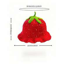 1pc Women's Handmade Crochet Strawberry Pattern Bucket Hat, Bohemian Style Hollow Out Ruffled Cute Knitted Cap, Breathable Foldable Casual Hip Hop Hat - 紅色 - 查看 2
