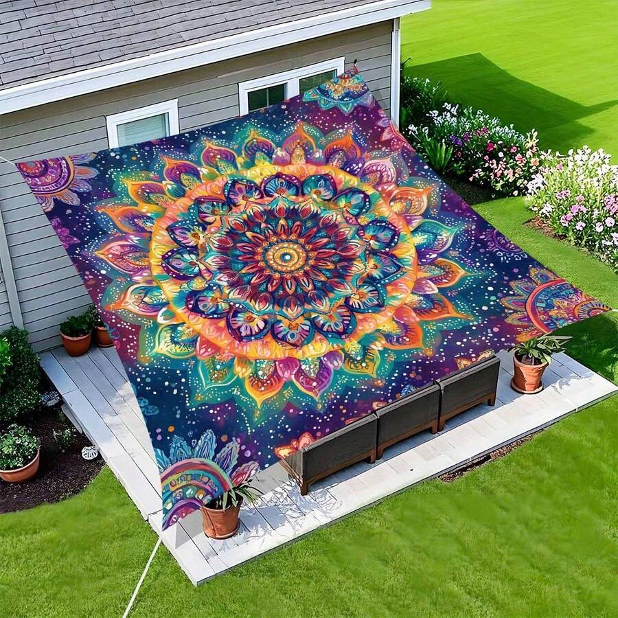 Large All-In-One Camping Canopy - Rainbow Mandala Pattern, Polyester Material, Lightweight & Portable, Suitable For 4 People - Perfect For Camping, Beach, And Picnics - All Season Use - Vibrant Outdoor Accessory