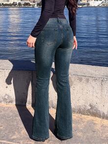 Fashionable & Elegant Women's Slim Fit Double-Breasted Design Flare Leg Jeans, Slimming Casual Spring - Dark Wash - View 4