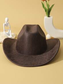 1pc Unisex Belt Decor Handmade PU Panama Hat Wide Brim Ridge Cowgirl Hat Cowboy Hat Western Suitable Soft Felt Hat Fedora Hat - 咖啡棕 - 查看 6