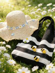 Crocheted Bag With 3D Yarn Applique: Bees, Daisies, And Floral Motifs Women's Crossbody Bag, Retro-Style Black & White Contrast Striped Open-Knit Bag, Minimalist, High-Capacity Shoulder Bag, Summer Streetwear, Beach Vacations And Seaside Photography, Women's Straw Hat With Blue And White Floral Accents, Wide-Brimmed Sun Hat,Perfect For Shopping, Commuting, Going Back To School, Vacations - Multicolor - View 3