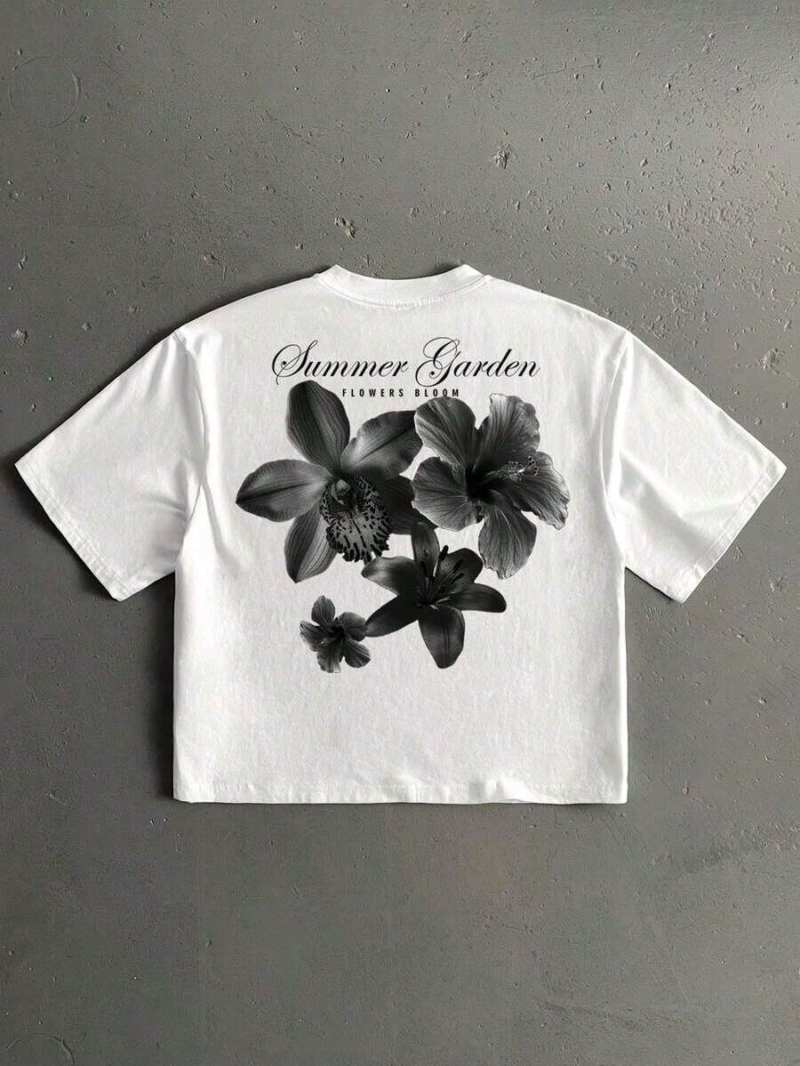 White Short-Sleeved T-Shirt With A Loose Fit And A Casual Floral Handwritten Font Print, Essential For Dates And Meetings, Fashionable Outfit, Suitable As A Gift For A Boyfriend - 白色 - 查看 1