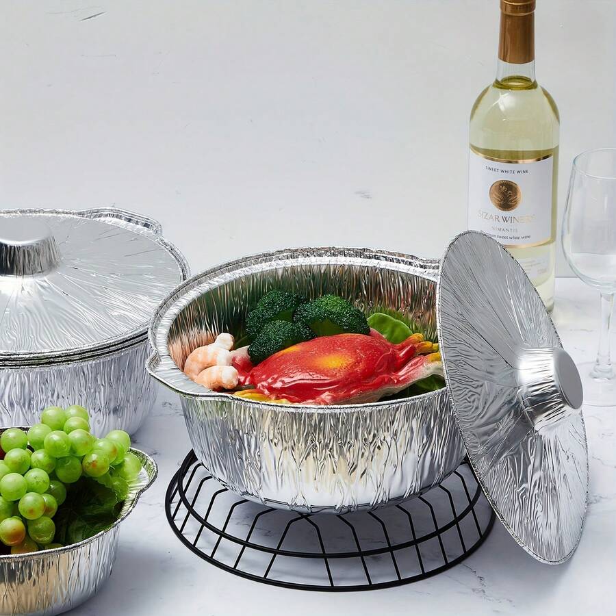 6 piezas Bandejas redondas de aluminio de 25 cm con tapas, aptas para tartas, pasteles de queso, rollos de canela, tartas de frutas, platos para comidas festivas, para uso doméstico, comida para llevar, picnic y fiestas, artículos de cocina, materiales de envasado de alimentos - Ver 1