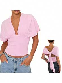 Top corto liso de verano para mujer, sin mangas, con escote en V profundo, corte ajustado, ideal para fiestas y playa. - Rosa - Ver 4