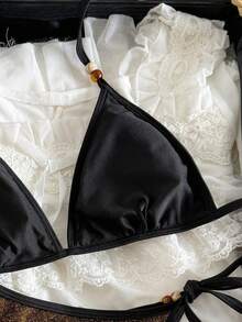 Bộ bikini màu đồng bóng bẩy gợi cảm dành cho nữ, với dây đeo vai mảnh đính hạt và quần buộc dây bên hông, độ co giãn vừa phải. - Vàng - Xem 9