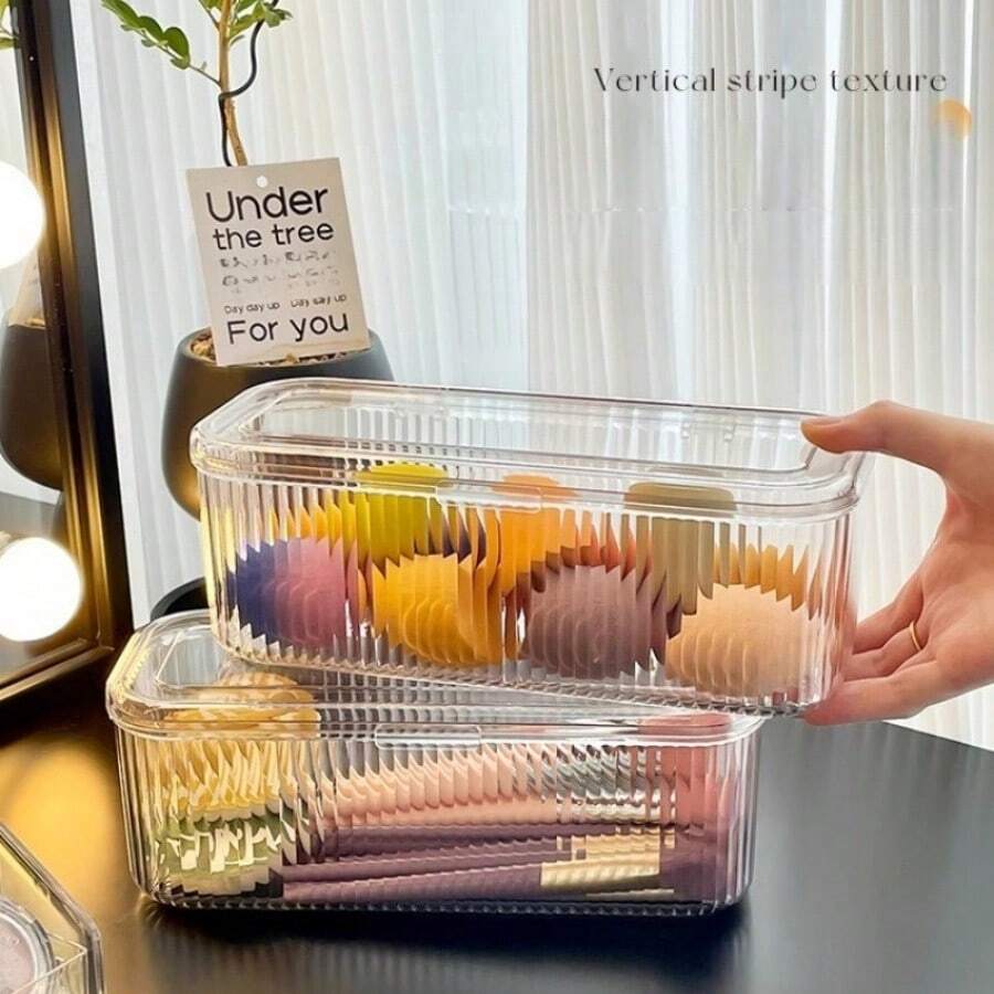Porta-pincéis de maquiagem transparente de acrílico com tampa, grande capacidade, caixa organizadora de cosméticos com listras verticais, recipiente para maquiagem à prova de poeira, ideal para penteadeira, banheiro, quarto, presente perfeito para amantes de maquiagem. - Multicolorido - Ver 1