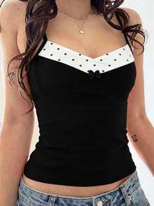 Áo hai dây chấm bi tương phản đen trắng, áo croptop cổ chữ V, áo kiểu ôm sát cổ chữ V phối chấm bi dây mảnh. - Đen và trắng - Xem 3