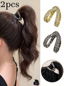 2pcs V-Shaped Hair Clips, Strong Grip, High-End Rhinestones, Half-Bun Hairstyle, Women's Occipital Hair Clips, Fashion Hair Accessories, High Ponytail Fixation Tool, Anti-Flattening Hair Clips, Suitable For Thick Ponytails And High Buns, Hollow Alloy Design Increases Hair Volume,Summer,Holiday,Travel, Head Accessories,Festival,Birthday - Multicolor - View 9