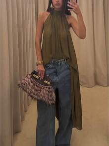 Womens Halter Neck Long Tops Summer Fashionable Dot Print Backless Going Out Vest - Army Green - View 1