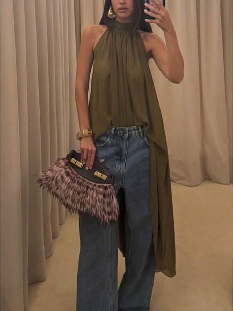 Womens Halter Neck Long Tops Summer Fashionable Dot Print Backless Going Out Vest - Army Green - View 1
