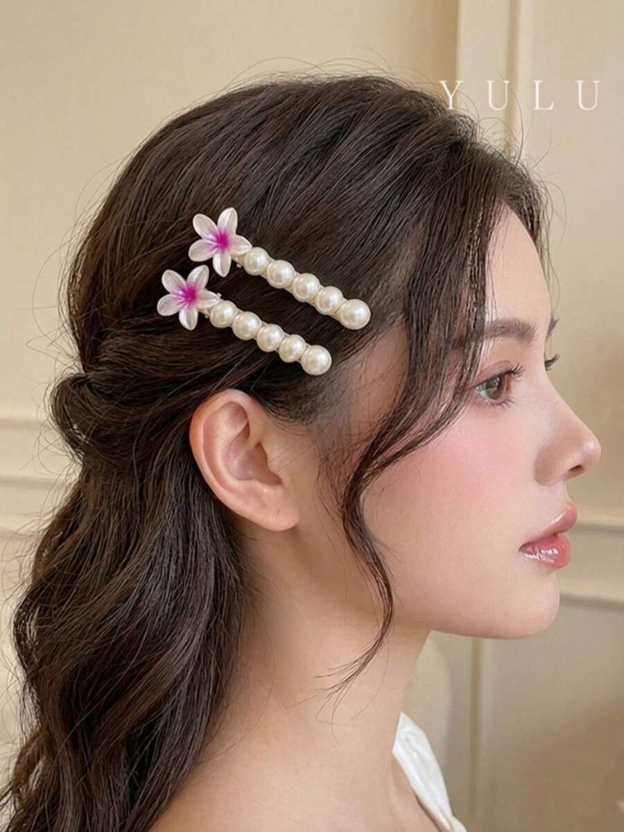 2个百合花造型仿珍珠可爱优雅ABS塑料发夹，用途广泛，适合日常、通勤、约会、送礼，春夏秋冬皆宜。 - 紫色 - 查看 1