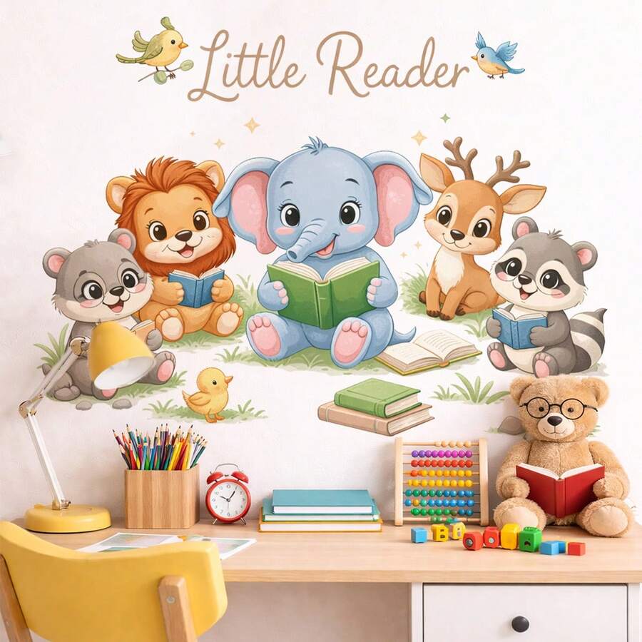 Forest Animals Reading Corner Wall Decal, Jungle Style Removable Waterproof Wall Sticker, Lion Elephant Deer Learning Wall Decor, Room Decoration