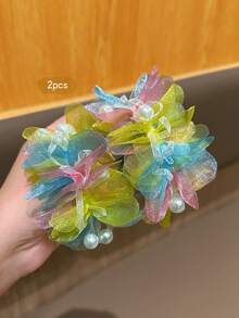 2pcs Cute Flower Hair Scrunchies, Suitable For Daily Wear And Performances - Multicolor - View 6