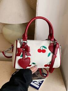 樱桃刺绣新款手提包，ins风枕形包，波士顿单肩斜挎包（女士款） - 紅色 - 查看 9