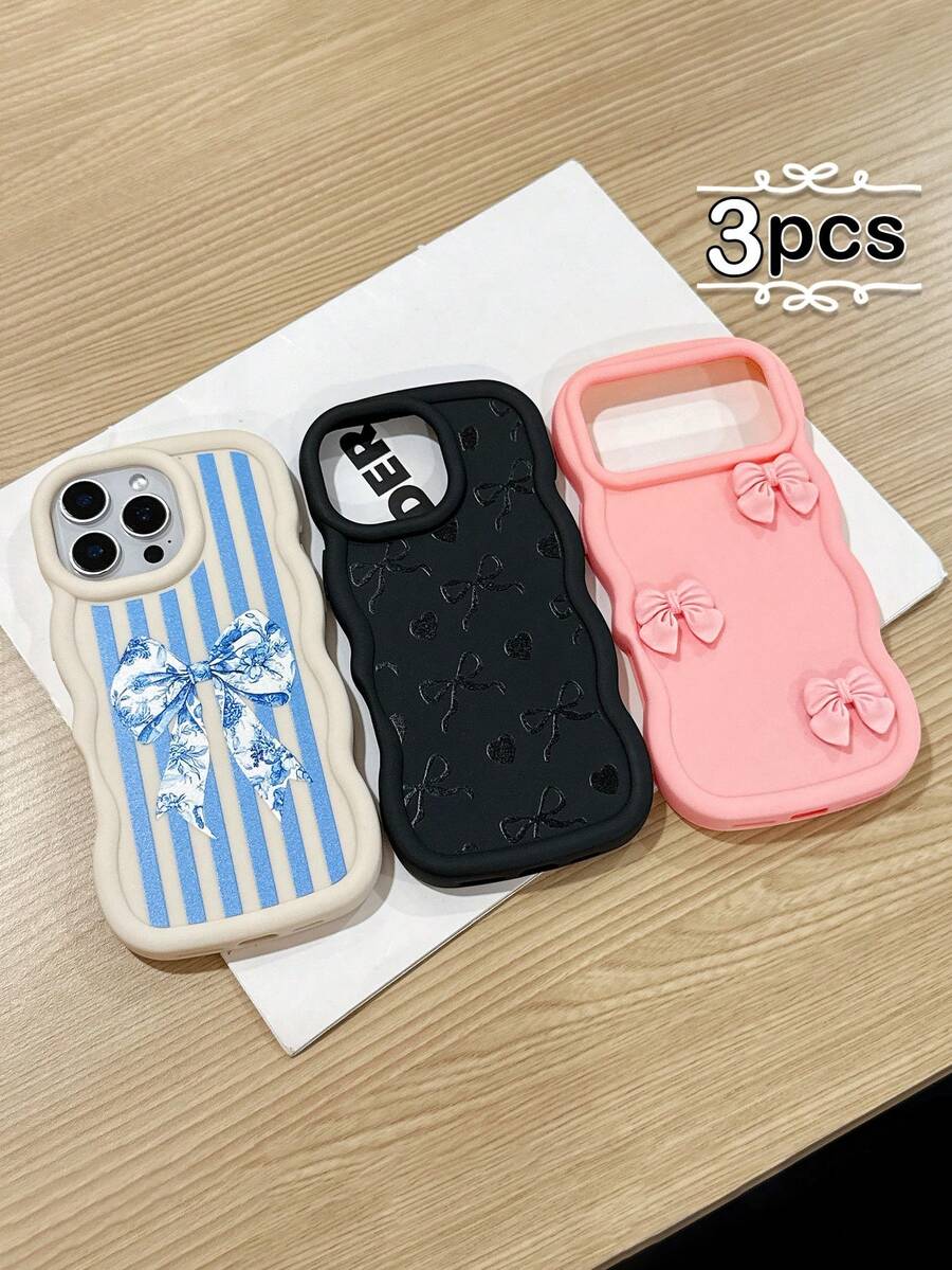 三件套可爱蝴蝶结波浪边手机壳，三种优雅设计，多巴胺黑/米色/粉色，柔软TPU材质，独特大波浪边设计，全包防摔，兼容和Galaxy手机