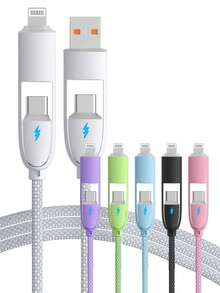 Durcord 四合一 1 米/3.28 英尺/39.37 英寸 100W（最大）尼龙编织 Lightning 数据线，兼容 17/16/15/14/13/12/Pro Max 系列、Galaxy S25 系列及其他智能手机，通用高效充电适配器，充电及数据同步线 - 彩色 - 查看 1