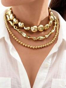 3pcs Minimalist Beaded Geometric Circle CCB Necklace Set, Fashionable Gold-Tone Necklace Set For Women, Suitable For Daily Wear And Holiday Gifts - 28366-gold - View 2