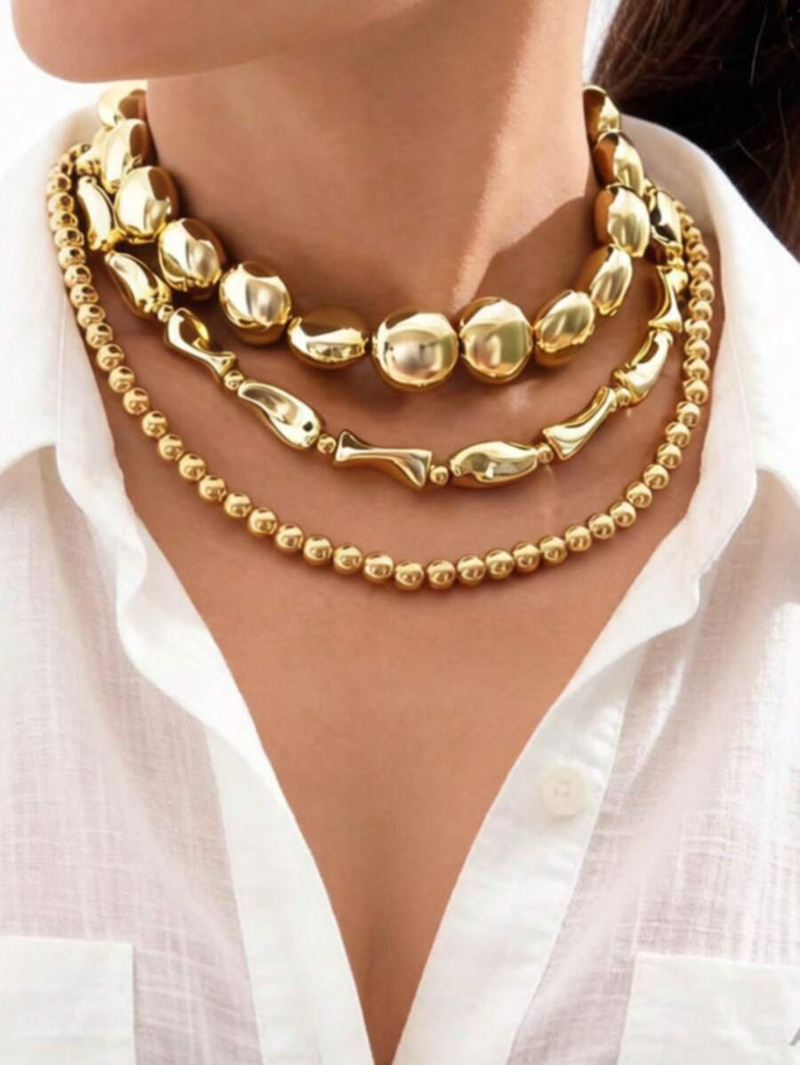 3pcs Minimalist Beaded Geometric Circle CCB Necklace Set, Fashionable Gold-Tone Necklace Set For Women, Suitable For Daily Wear And Holiday Gifts