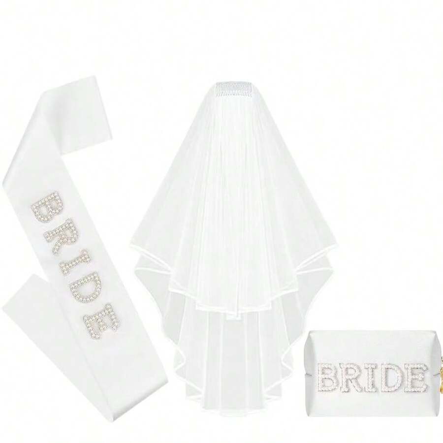 3pcs Bride Veil, Satin Ribbon, Bride Sticker, Makeup Bag, Suitable For Hen Party, Bride, Bachelorette, Wedding, Bridal Shower Gift - Set - View 1