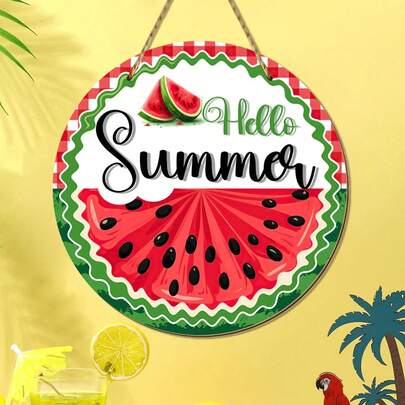 1pc Summer Wooden Decorative Hanging Piece, Adorned With "Hello, Summer" Wooden Decorative Doorplate, Red Buffalo Check Green Striped Wooden Door Hanging, Summer Watermelon Hanging Wall Decoration, Outdoor Porch Decoration, Seasonal Farmhouse Style Wooden Wreath, Indoor Wall Hanging, Outdoor Garden Decorative Hanging