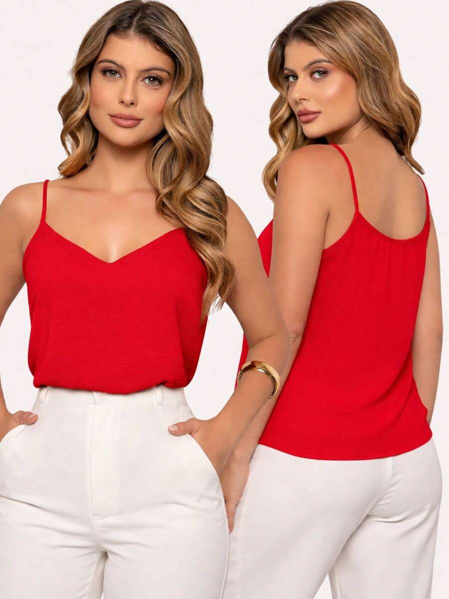 Thin-Strapped Tank Top, Polyester. Available In Sizes V, P To GG. Perfect For Everyday Travel, Vacation, Home, And Summer. - 紅色 - 查看 1