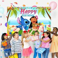 1pc Stitch & Lilo Hawaiian Beach Theme Birthday Party Decoration Hanging Cloth Wall Decor, 210 * 150/150 * 100/100 * 75cm, Swaying Seaweed Skirt, Lilo & Stitch Theme Birthday Party Backdrop Banner, Photography Background, Studio Decor - BJB - View 11