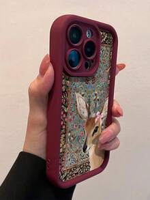 Bow-Knot 1pc Burgundy Vintage Deer Pattern Minimalist Personalized TPU Shockproof Full Coverage Phone Case, Compatible With Apple 17, 16, 15, 14, 13, 12, 11 Pro Max, Air, And Series - Multicolor - View 3