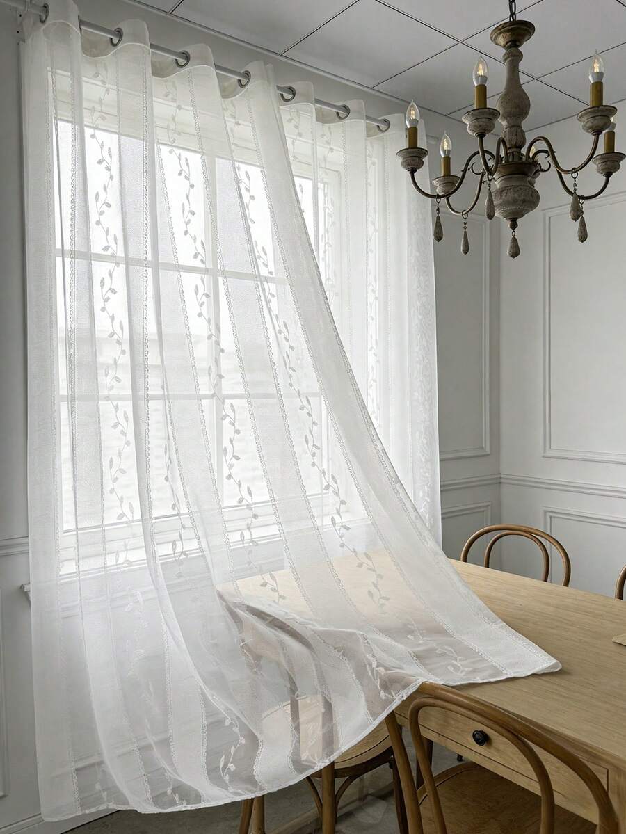 1pc Autumn Leaf Pattern Sheer Curtain, Minimalist Design With Top Rings, Suitable For Living Room And Bedroom Window Decor - White - View 1