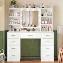 Dressing Table With 3-Color LED Lights Mirror, Adjustable Brightness, Vanity Table Makeup Desk With 9 Drawers And 7 Storage Shelves, Modern Vanity Desk For Bedroom Dressing Room, White - White - View 8