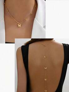 1 buah Kalung Rantai Belakang Minimalis Seksi Modis, Aksesori Kalung Panjang Wanita - Emas - View 8