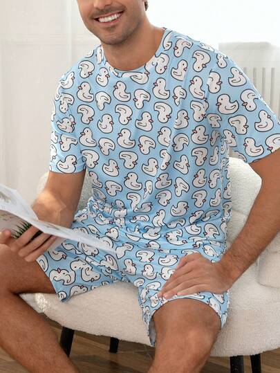 男士卡通鸭子印花短袖短裤两件套睡衣，轻盈清爽的夏季家居服