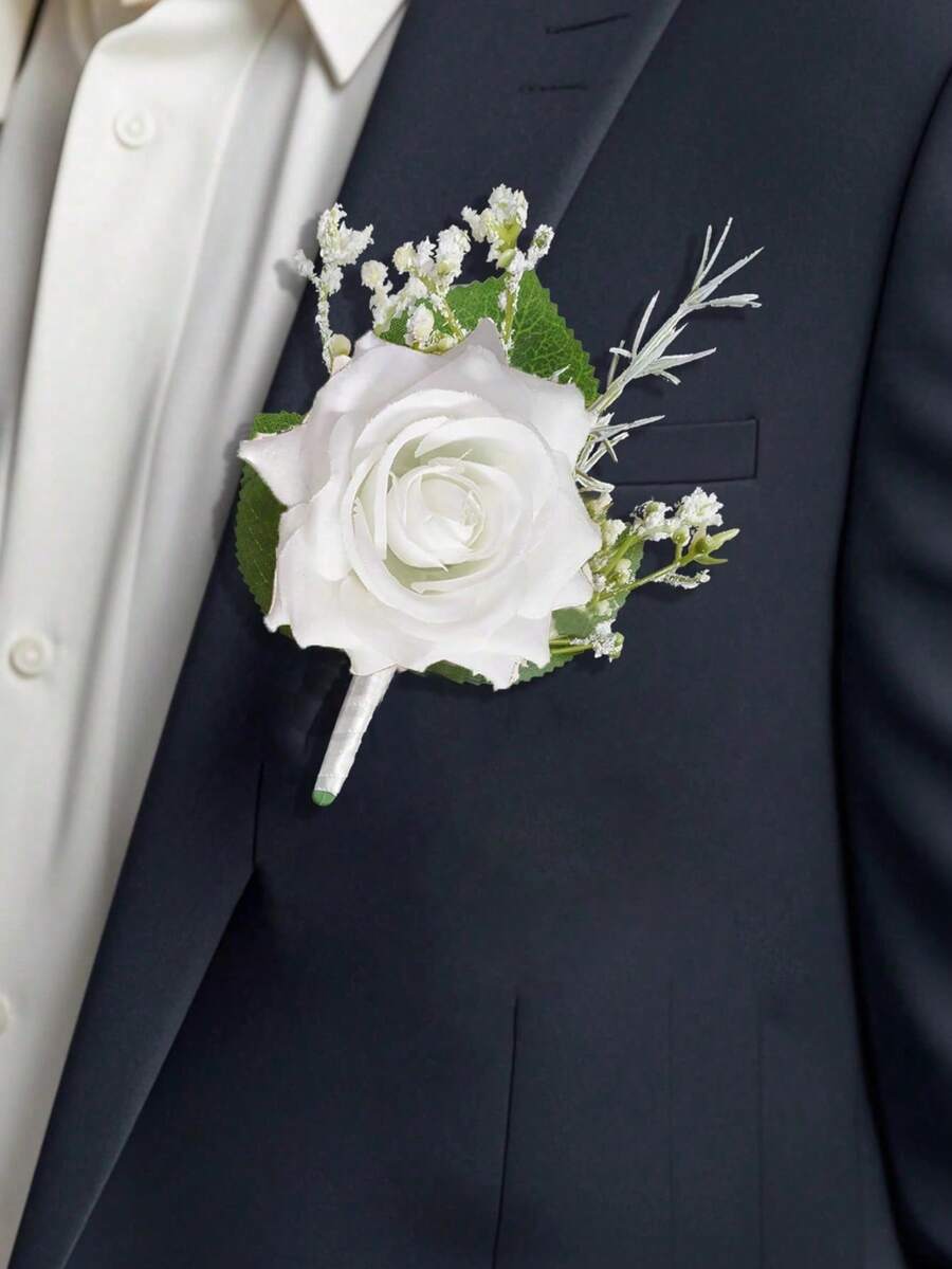 1枚/6枚装白色玫瑰胸花，配以满天星，逼真丝绸花朵翻领别针，适用于新郎、伴郎、婚礼、舞会、周年纪念、返校节和乡村秋季场合 - 白色 - 查看 1