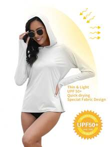 Women's UPF 50+ UV Protection Hooded Long Sleeve Shirt, Thumb Holes For Running, Exercise, Hiking, Fishing, Lightweight Performance Outdoor Sports White Spring - White - View 1