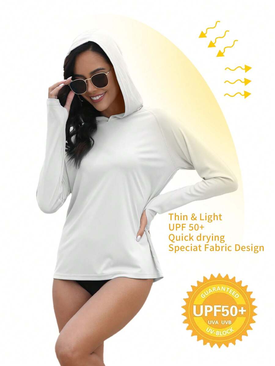 Women's UPF 50+ UV Protection Hooded Long Sleeve Shirt, Thumb Holes For Running, Exercise, Hiking, Fishing, Lightweight Performance Outdoor Sports White Spring - White - View 1