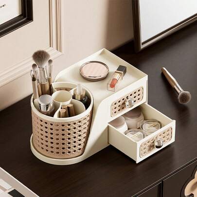 Retro-Style Desktop Rotating Makeup Brush Holder, Dressing Table Cosmetic Storage Box, Lipstick Tabletop Desk Shelf