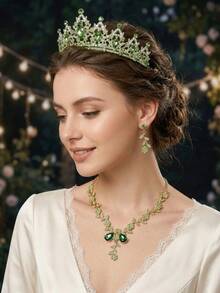 1 pieza Corona y tocado de reina, corona de princesa, adecuado para mujeres y niñas, tocado de cristal, adecuado para novias, princesas para usar en bodas, fiestas, Halloween - Verde - Ver 6