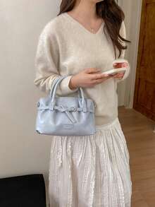 LECEY 韩式蜡面皮革搭扣褶皱波士顿包，配可拆卸肩带 - 藍色 - 查看 4