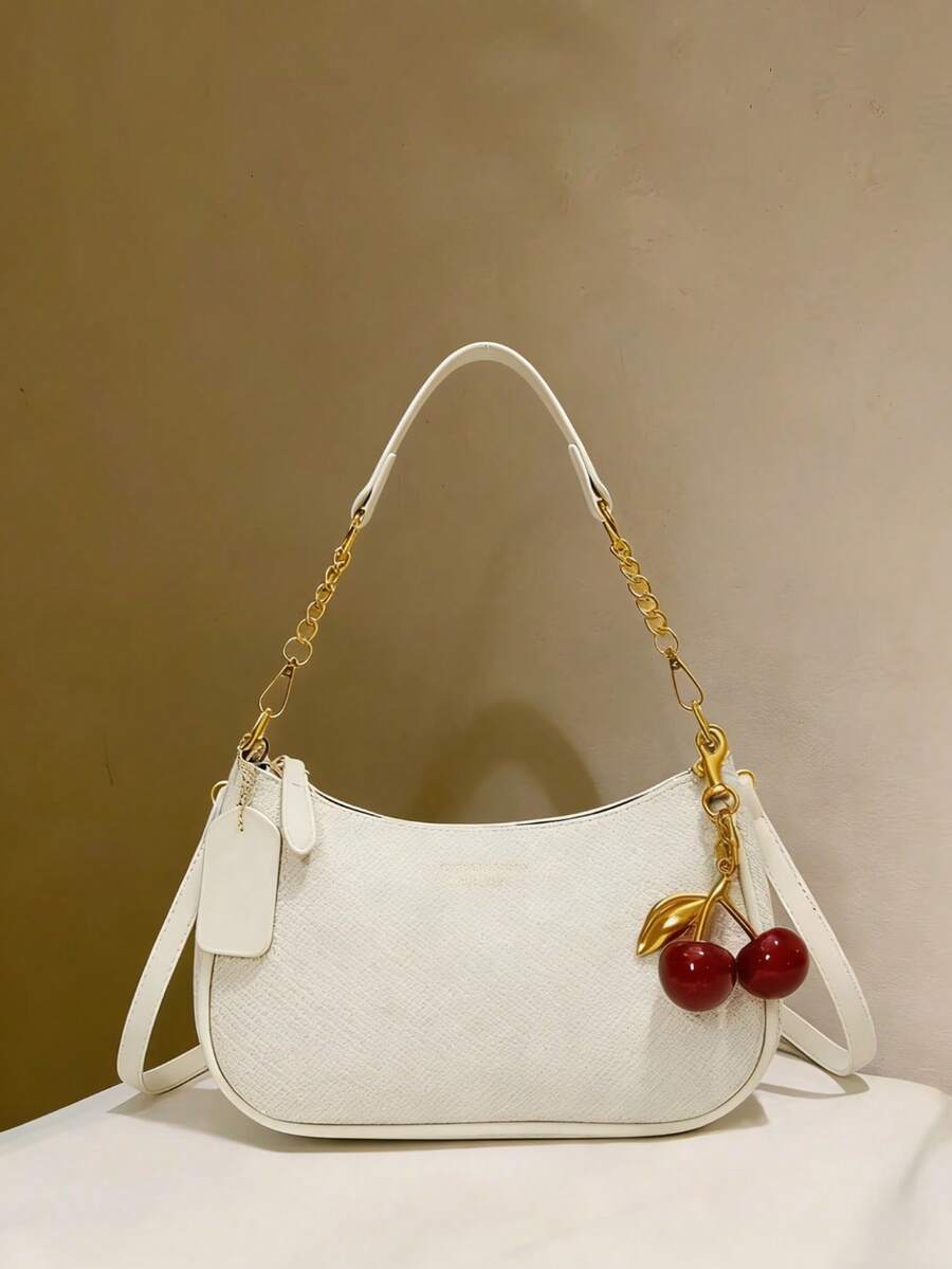 Classic Fashion Women's Shoulder Bag, Multifunctional Waterproof PU Leather Bag With French Floral Patch, Decorated With Pearl & Cherry Pendant, All-Over Colorful Printed Design. Can Be Used As Shoulder Bag Or Underarm Bag, Suitable For Shopping, Work, Outings, Parties And Various Occasions. - White - View 1