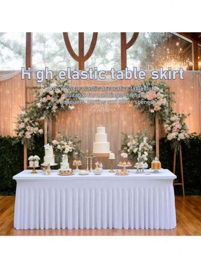 1件白色弹力桌布，适用于长方形餐桌，防皱可水洗弹力户外桌布，通用弹力桌布，适用于婚礼、派对、宴会，奢华白色弹力桌裙，适用于酒店宴会、生日派对、会议