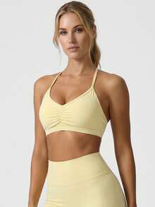 Sodalemon Women's Yoga Elastic Fitness Tank Top, Padded Racerback Design, Solid Color Sports Bra For Workout, Running, Exercise - Yellow - View 3