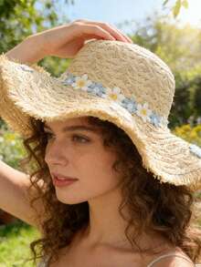 Crocheted Bag With 3D Yarn Applique: Bees, Daisies, And Floral Motifs Women's Crossbody Bag, Retro-Style Black & White Contrast Striped Open-Knit Bag, Minimalist, High-Capacity Shoulder Bag, Summer Streetwear, Beach Vacations And Seaside Photography, Women's Straw Hat With Blue And White Floral Accents, Wide-Brimmed Sun Hat,Perfect For Shopping, Commuting, Going Back To School, Vacations - Multicolor - View 9