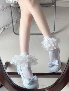 1 Pair Of Women's Cute Lace Ruffle And Bow Design Three-Layer Socks, Japanese Style Valentine's Day Valentines - 白色 - 查看 10