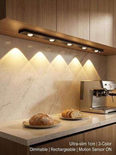 Rechargeable Led 20cm/30cm/40cm/50cm Cabinet Light With Motion Sensor & Three-Color Changing Strip, Ultra-Thin Smart Kitchen Counter Lamp, Wardrobe Home Decor Hill Light With Rechargeable Battery & Body Sensor, Self-Adhesive, Wireless, Cordless, Suitable For Cabinets, Shoe Racks, Entrances, With 3 Colors, Decorative Lighting That Works Indoor And Outdoor. Essential Home Accessory For Kitchens, Bedrooms, And Wardrobes 200/300/400mAH