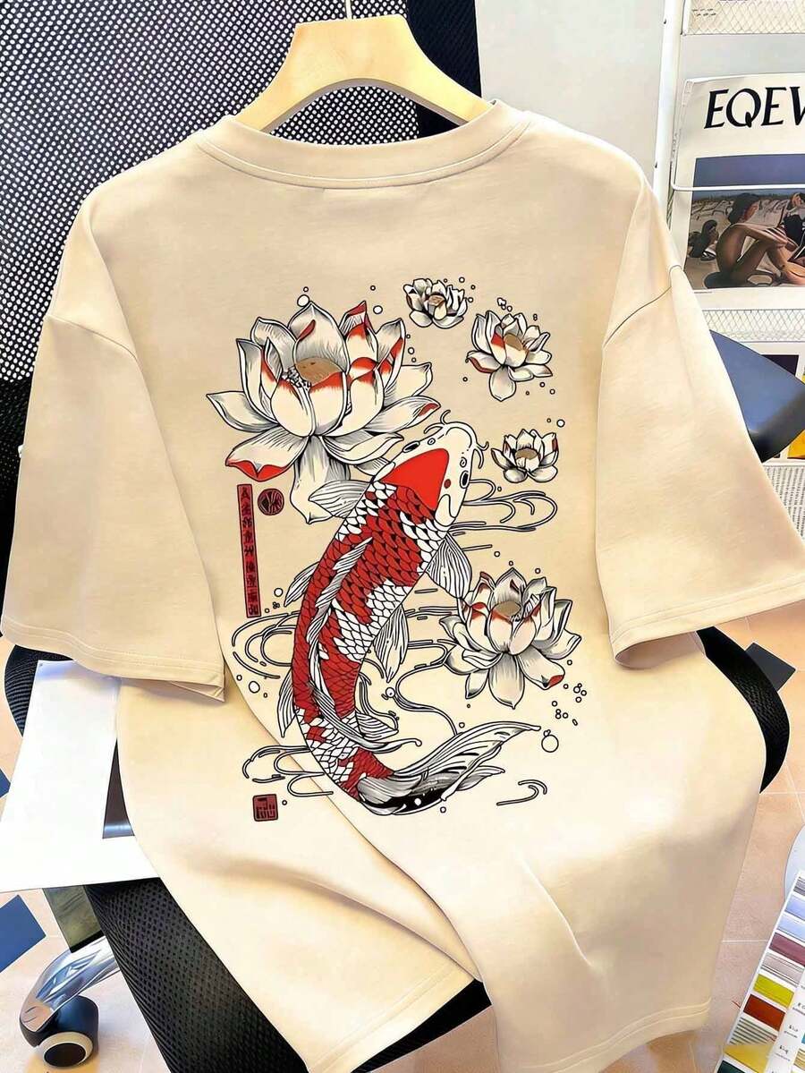 女士休闲圆领字母印花短袖T恤，夏季学生青年装 - 简约英文图案T恤激发想象力和自我表达 - 米色 - 查看 1