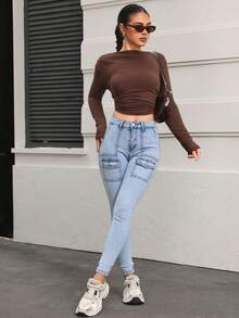 Skinny Cargo Jeans, Washed, Stretchy, With Multiple Buttoned Pockets, Butt-Lifting Effect, Tummy Control And Fitted Cuffs - Light Wash - View 6