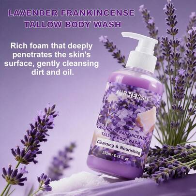 Sữa tắm hoa oải hương và nhũ hương 250ml/8.45fl Oz, được làm giàu với chiết xuất hoa oải hương, tinh dầu nhũ hương và mỡ động vật, làm sạch sâu nhưng nhẹ nhàng, dưỡng ẩm và nuôi dưỡng da, phù hợp với mọi loại da, dùng để thư giãn mỗi ngày.
