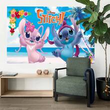 1pc Authorized Blue & Pink Stitch Theme Party Backdrop (210*150/150*100/100*75cm), Cartoon Monster Stitch Beach Background, Suitable For Newborn Party, Theme Party Wall Decor Props - BJB - View 2