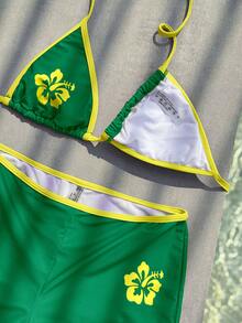 女士泳衣比基尼，可爱休闲芙蓉热带花卉沙滩装，夏季红色时尚外套/生日派对/日常休闲/Y2K/2000年代风格/优雅/复古/街头风/度假/音乐节沙滩装 2026夏季 - 綠色 - 查看 6